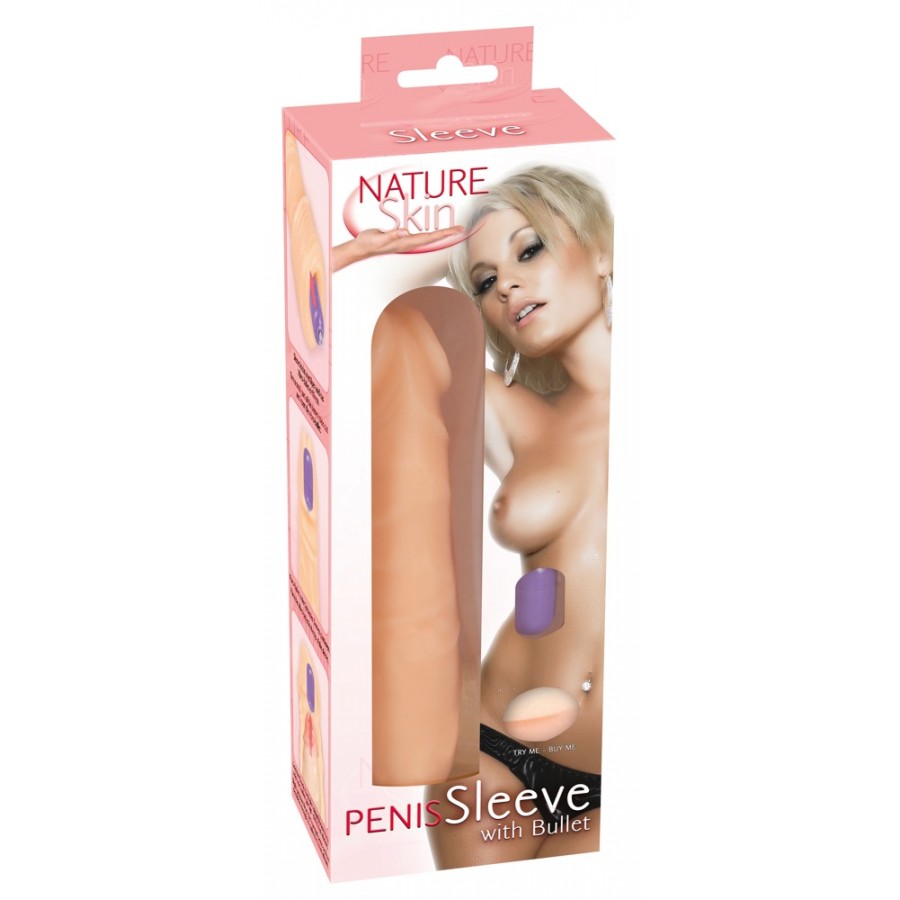 Увеличивающая насадка для пениса с вибропулей Nature Skin Penis Sleeve with Bullet 