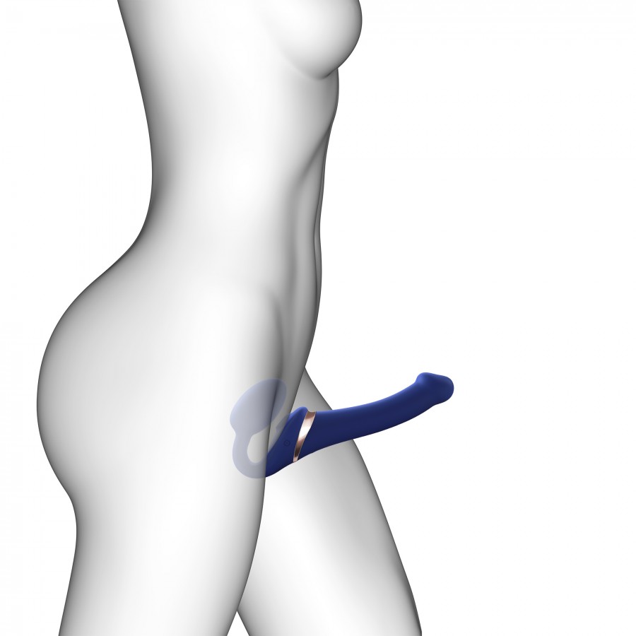 Гибкий страпон STRAP-ON-ME MULTI ORGASM с посасывающей стимуляцией, имитацией оральных ласк и вибрацией, синий, S