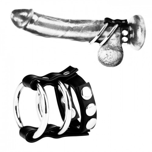Двойное металлическое кольцо на пенис с регулируемым ремешком BlueLine