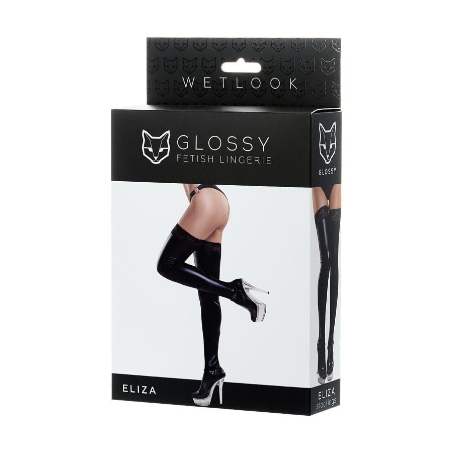 Чулки Glossy ELIZA из материала Wetlook со вставкой из кружева, черный, M